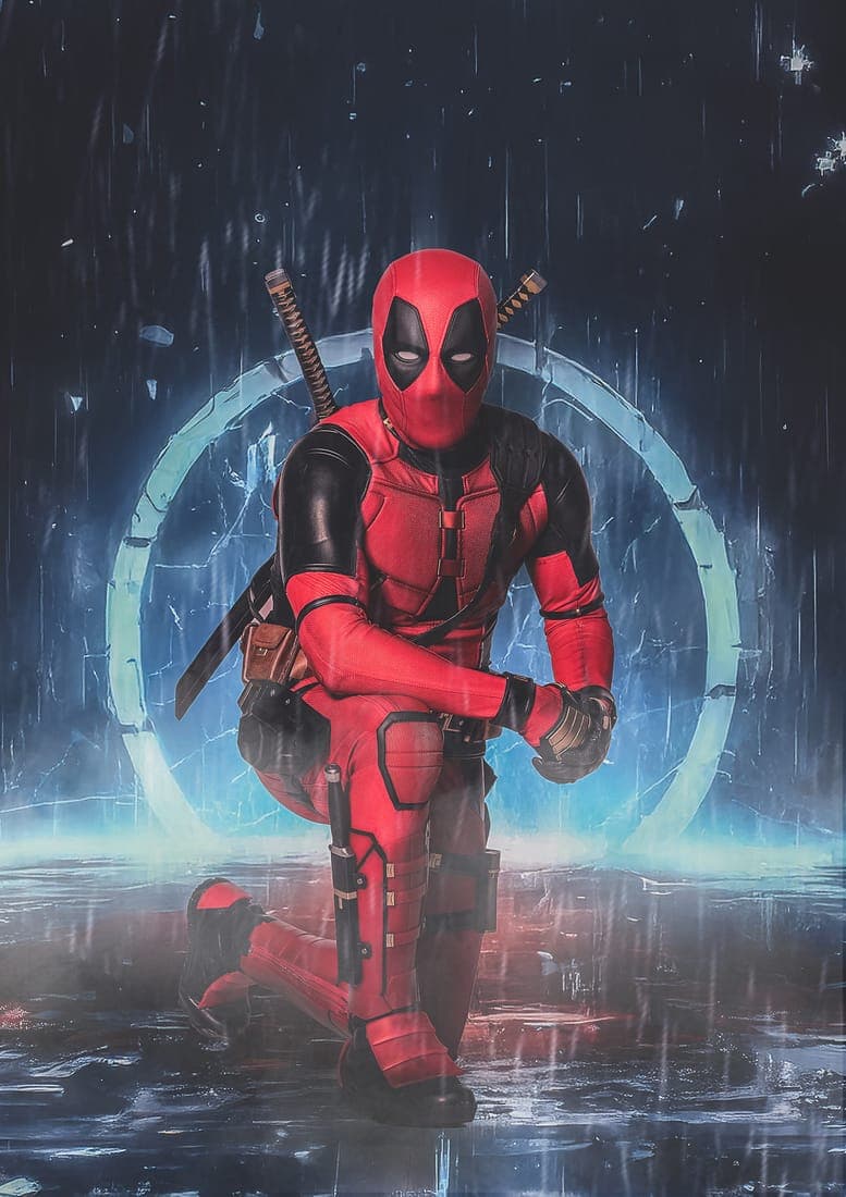 The Dallas Deadpool kneeling in costume